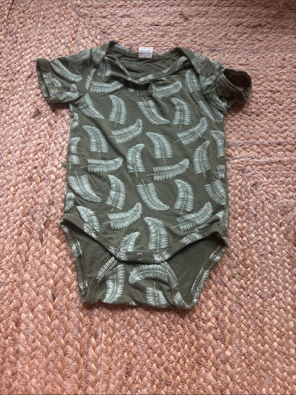 Kate Quinn Olive Green Feather-Print One-Piece Bodysuit, 3-6 mo